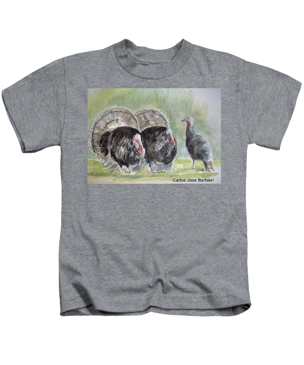Animales Kids T-Shirt featuring the painting Pavos by Carlos Jose Barbieri