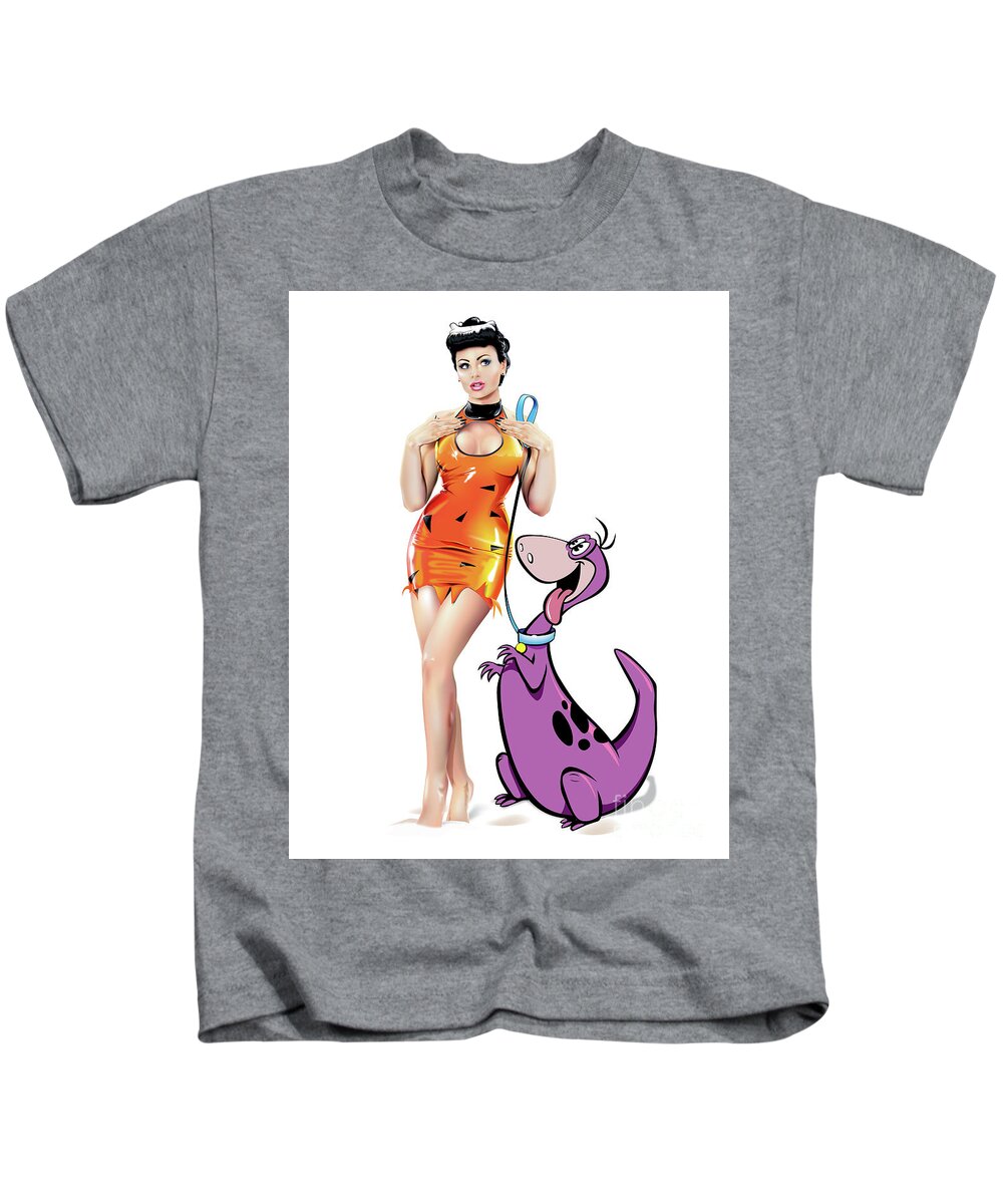 Pin-up Kids T-Shirt featuring the digital art Pin-up Pebbles and Dino by Brian Gibbs