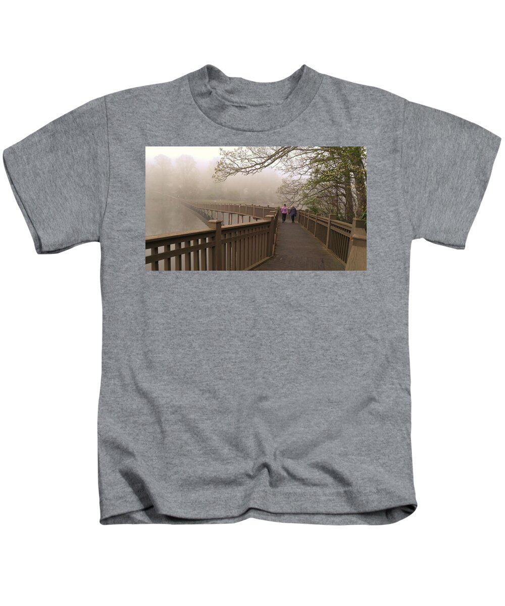 Fog Kids T-Shirt featuring the photograph Pedestrian Bridge Early Morning by Chuck Brown