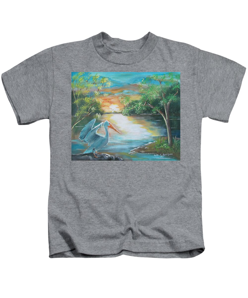 Pelican Kids T-Shirt featuring the painting Pelican Landed by Luis F Rodriguez