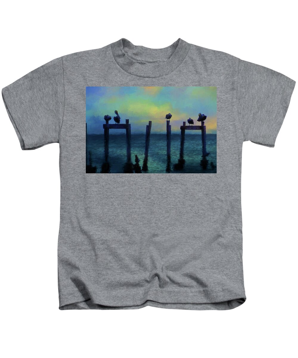 Pelicans Kids T-Shirt featuring the photograph Pelicans At Sunset by Jan Amiss Photography
