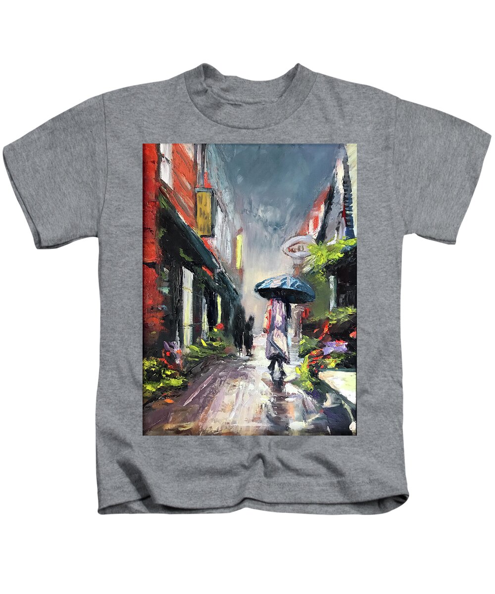  Kids T-Shirt featuring the painting Penny Lane in the Rain by Josef Kelly