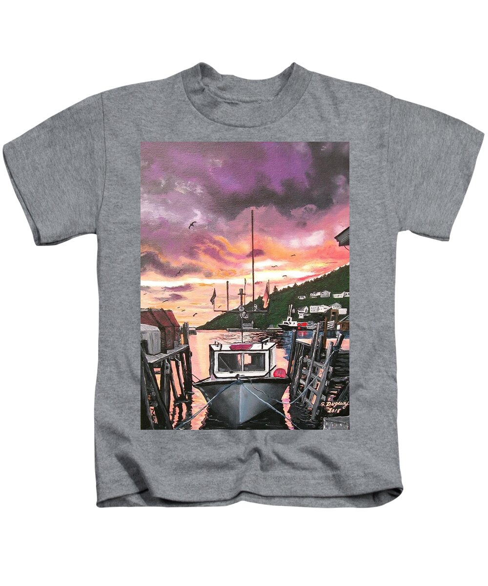 Sunrise Petty Harbour Kids T-Shirt featuring the painting Petty Harbour by Sharon Duguay
