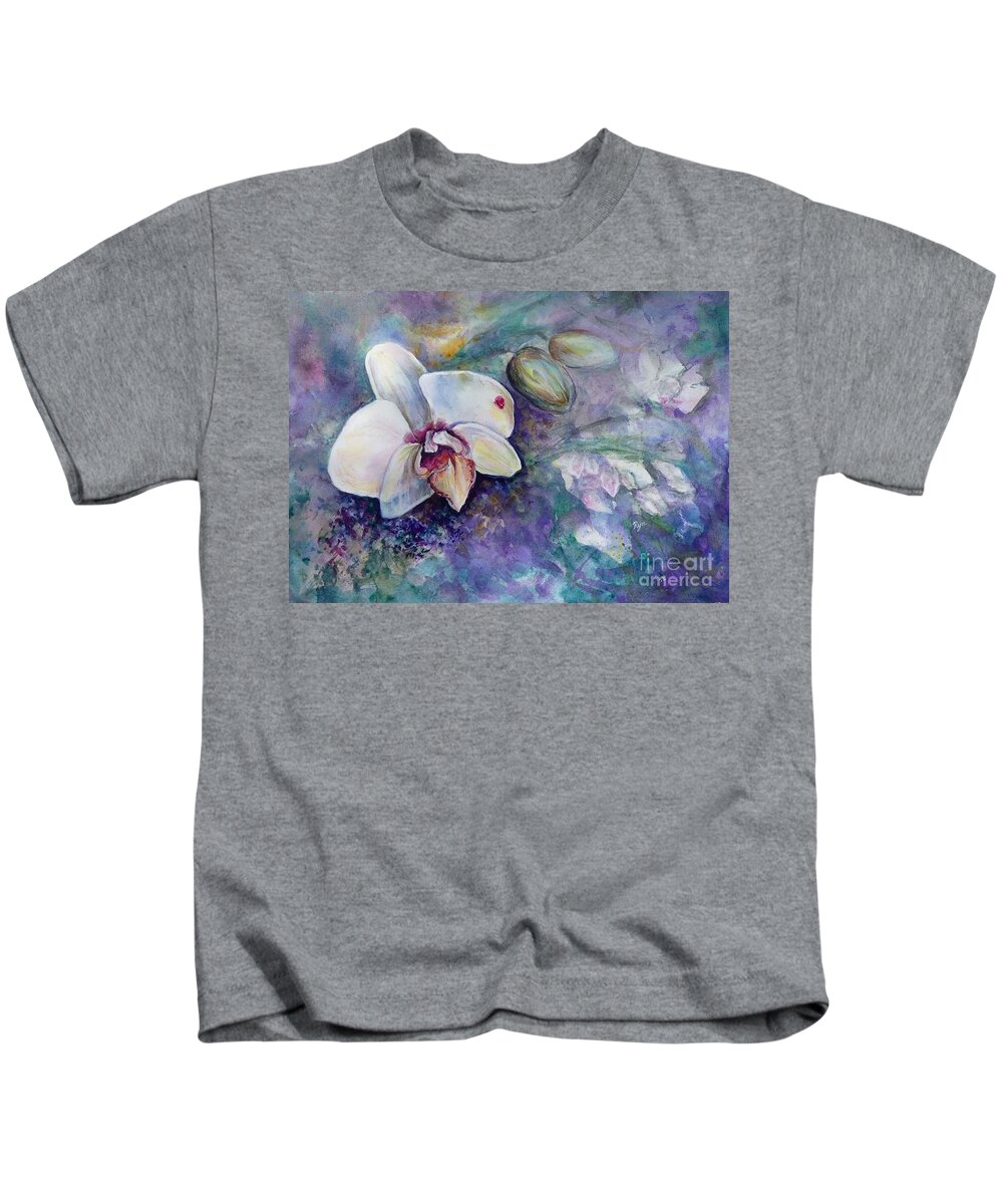 Phalaenopsis Orchid With Hyacinth Background Kids T-Shirt featuring the painting Phalaenopsis Orchid with Hyacinth Background by Ryn Shell