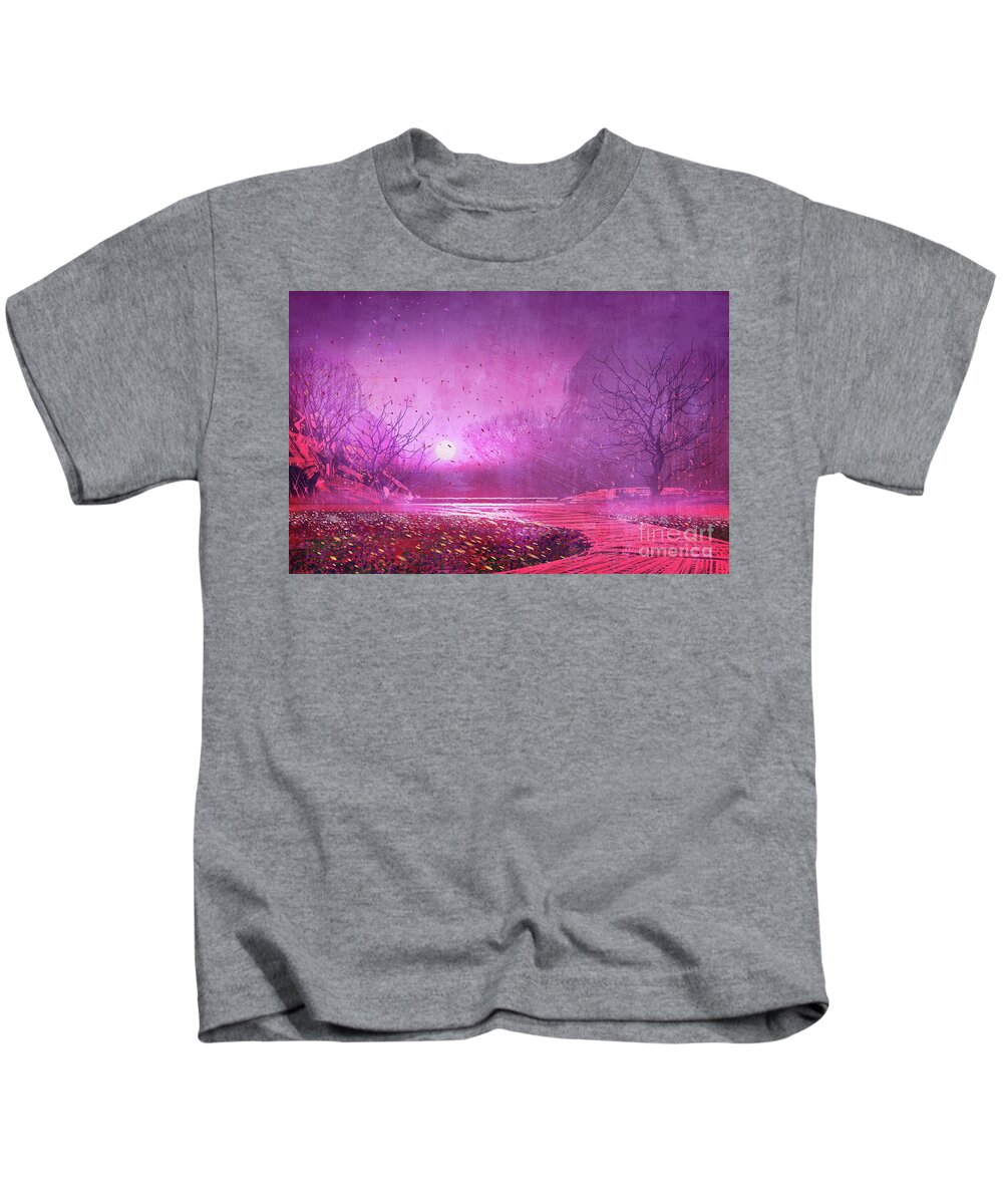 Painting Kids T-Shirt featuring the painting Pink landscape by Tithi Luadthong
