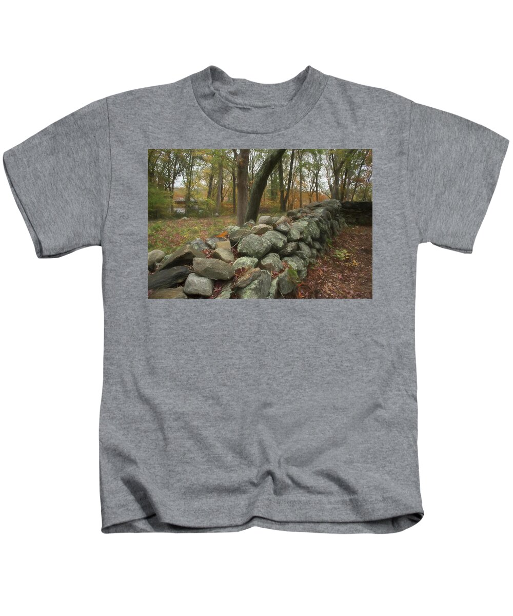 Stone Wall. Trees Kids T-Shirt featuring the photograph Place for a Hero by Nancy De Flon