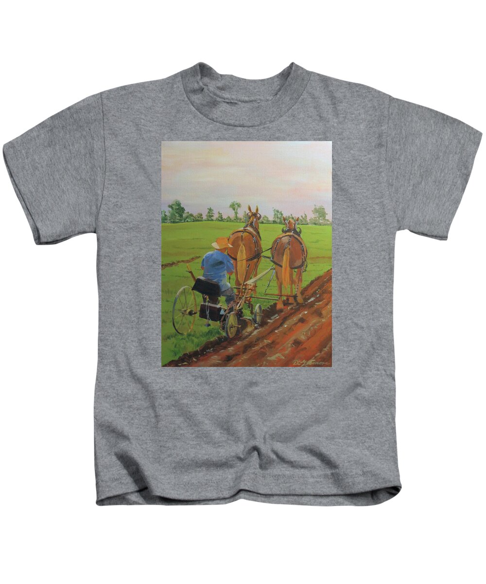 Plowing Kids T-Shirt featuring the painting Plowing Match by David Gilmore