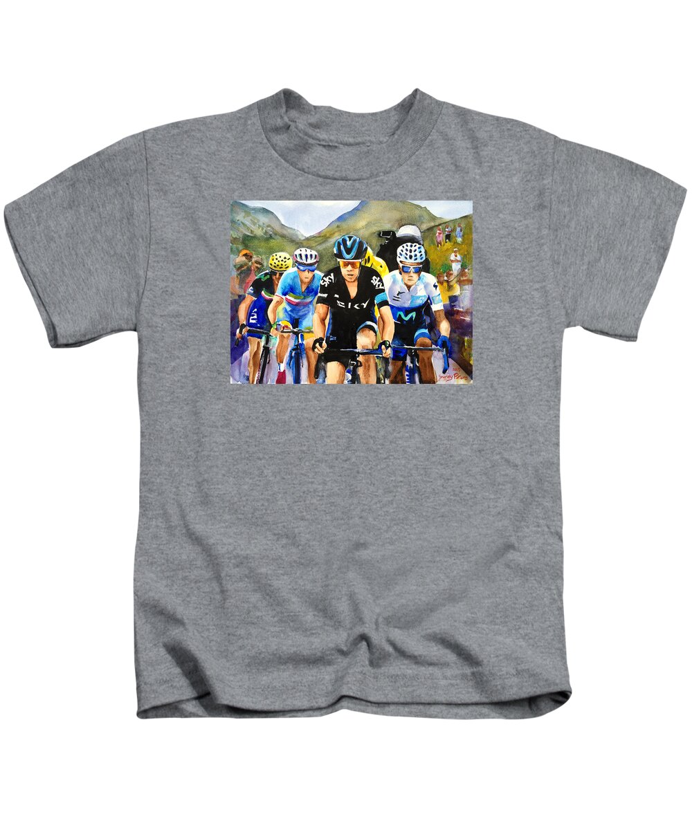 Tour Kids T-Shirt featuring the painting Porte Quintana Froome and Nibali by Shirley Peters