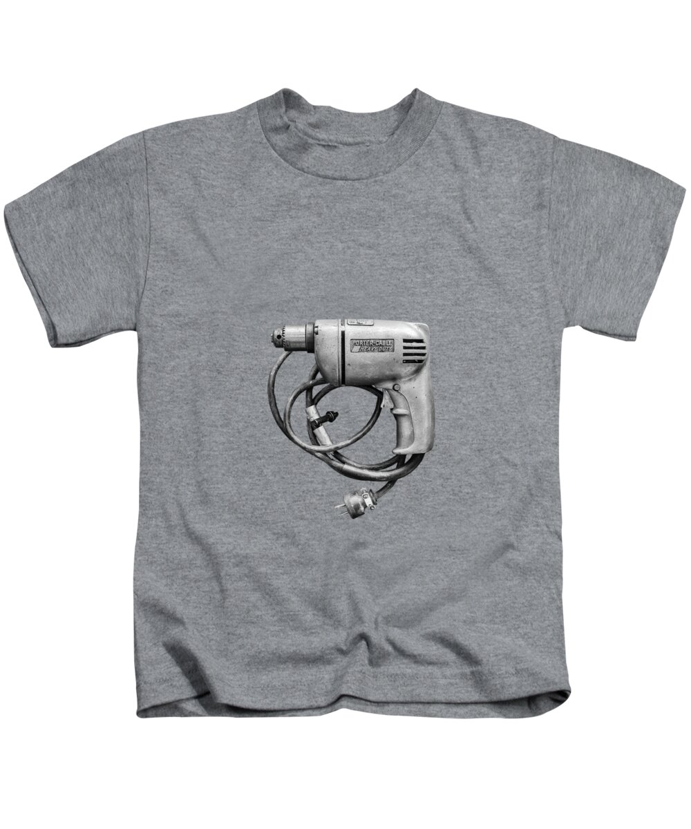 Antique Kids T-Shirt featuring the photograph Porter Cable Drill on Plywood 76 in BW by YoPedro