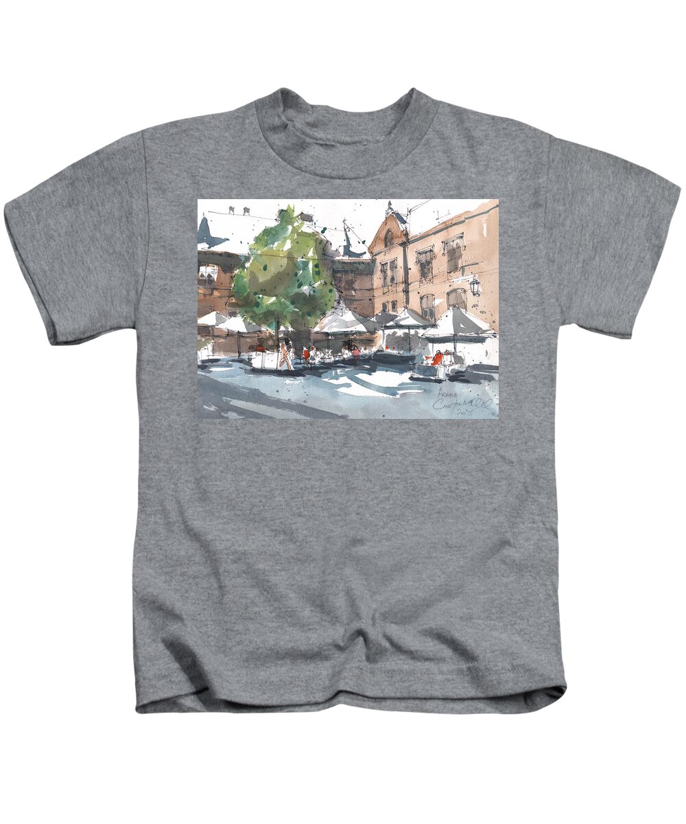 Urban Landscape Kids T-Shirt featuring the painting Prague Piazza by Gaston McKenzie