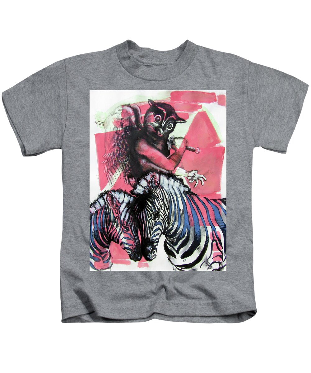African Zebra Kids T-Shirt featuring the painting Protecting the Zebra Fields by Rene Capone