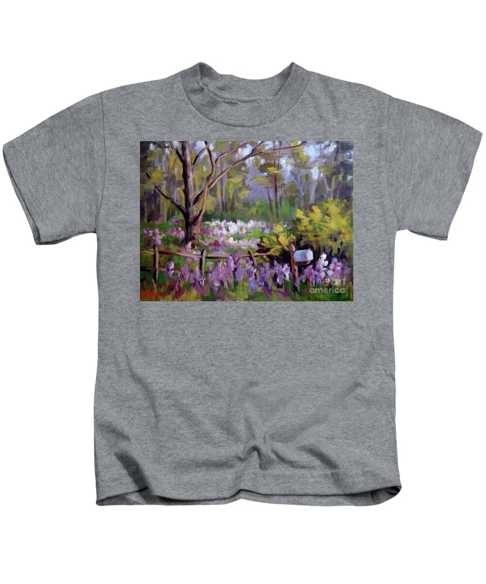 Tree Kids T-Shirt featuring the painting Purple and Green by K M Pawelec