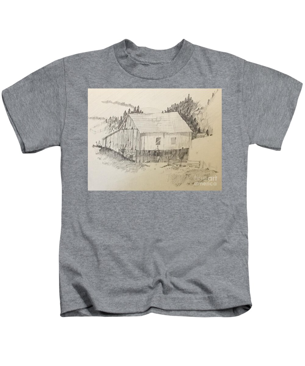 Barn Kids T-Shirt featuring the drawing Quiet Barn by Thomas Janos