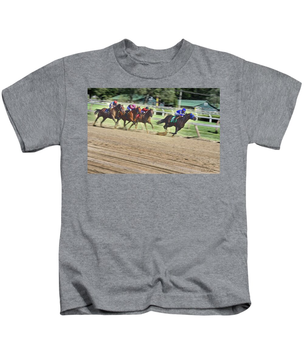 Lise Winne Kids T-Shirt featuring the digital art Race Horses In Motion by Lise Winne