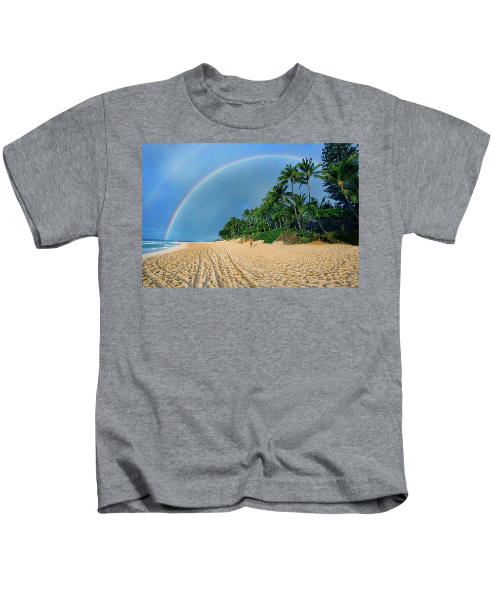 Rainbows Kids T-Shirt featuring the photograph Rainbow at Pipeline, north shore, by Sean Davey