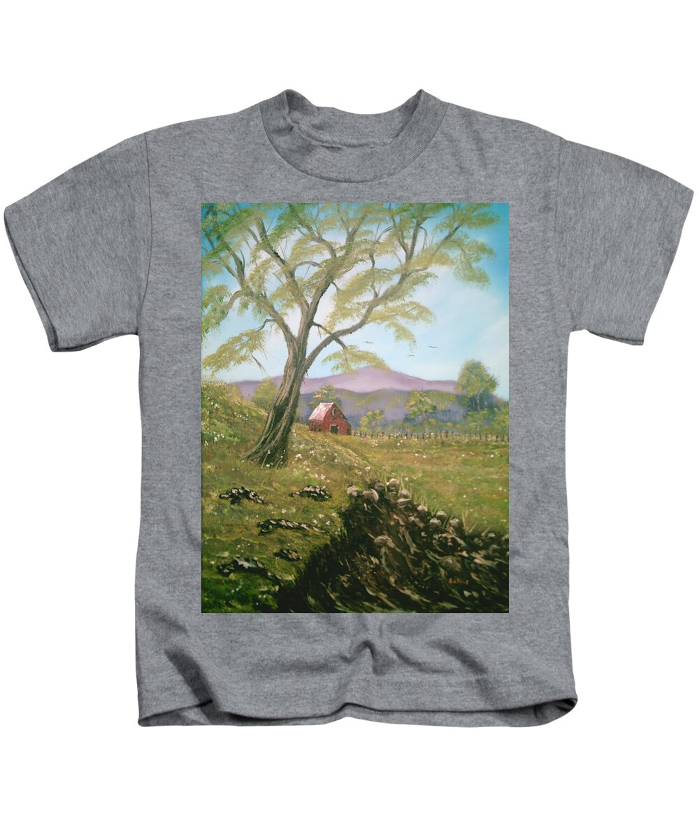 Landscape Kids T-Shirt featuring the painting Red Barn by Jim Saltis