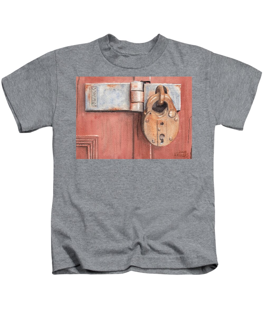 Lock Kids T-Shirt featuring the painting Red Door and Old Lock by Ken Powers
