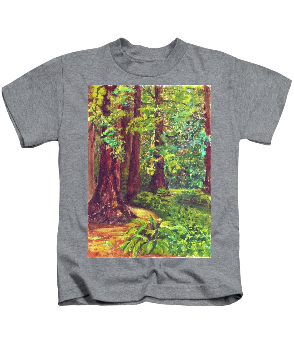 San Francisco Kids T-Shirt featuring the mixed media Redwood Grove by Karen Coggeshall