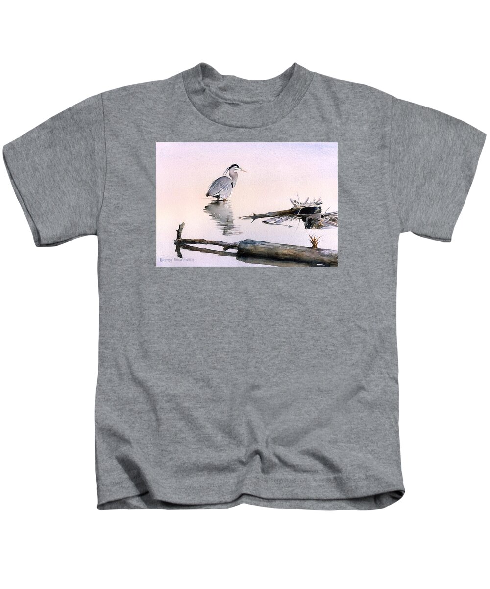 Heron Kids T-Shirt featuring the painting Reflecting Pool by Brenda Beck Fisher