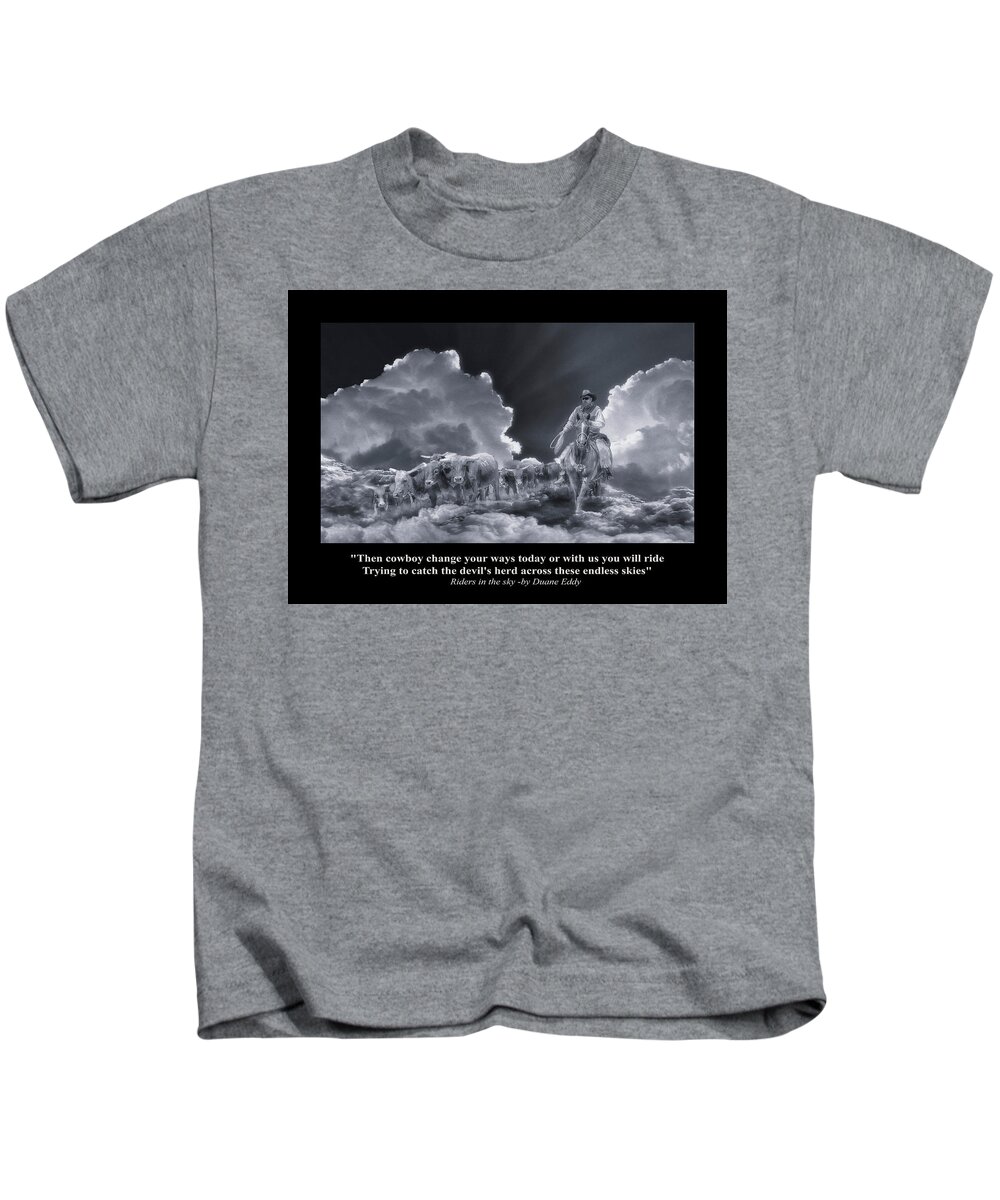 Spirit Kids T-Shirt featuring the digital art Riders in the Sky BW by Rick Mosher