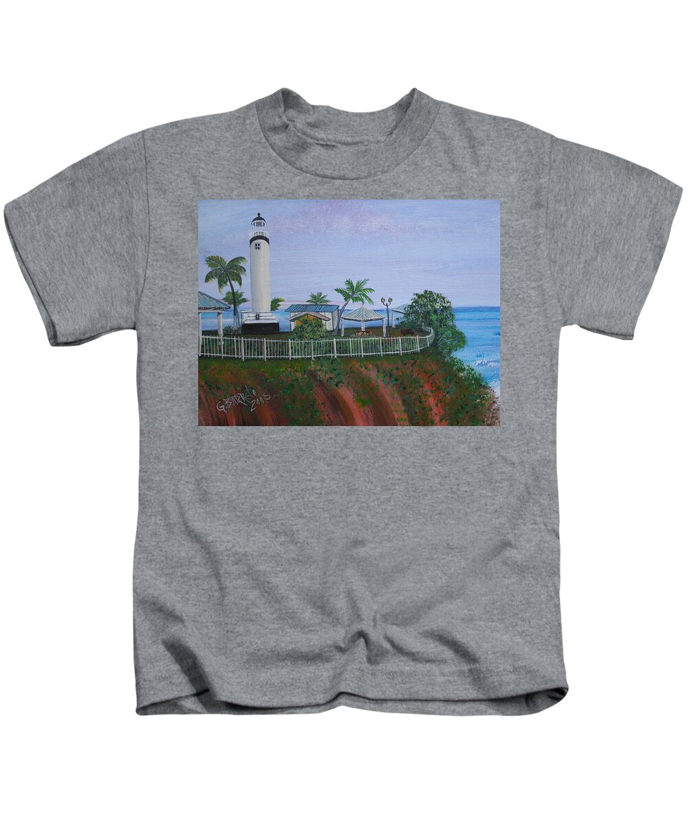Lighthouse In Rincon By The Ocean Of The Island Of Puerto Rico Kids T-Shirt featuring the painting Rincon's Lighthouse by Gloria E Barreto-Rodriguez