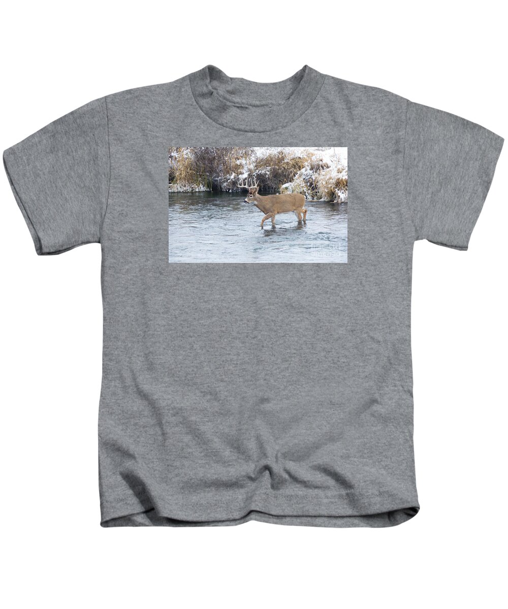 Whitetail Kids T-Shirt featuring the photograph River Crossing by Douglas Kikendall