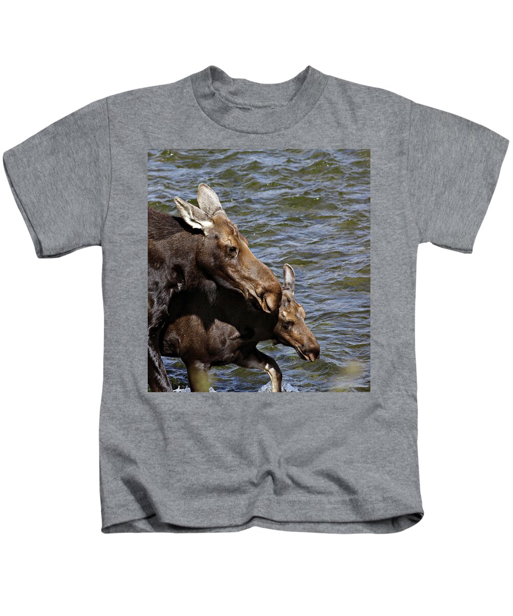 Moose Kids T-Shirt featuring the photograph River Crossing by Jean Clark