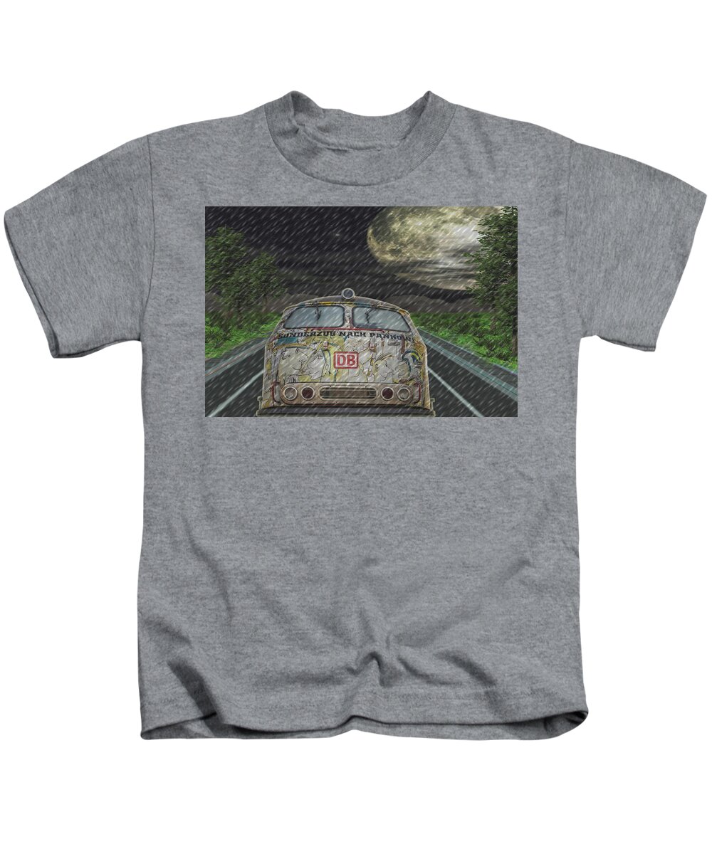 Bus Kids T-Shirt featuring the digital art Road Trip In The Rain by Digital Art Cafe