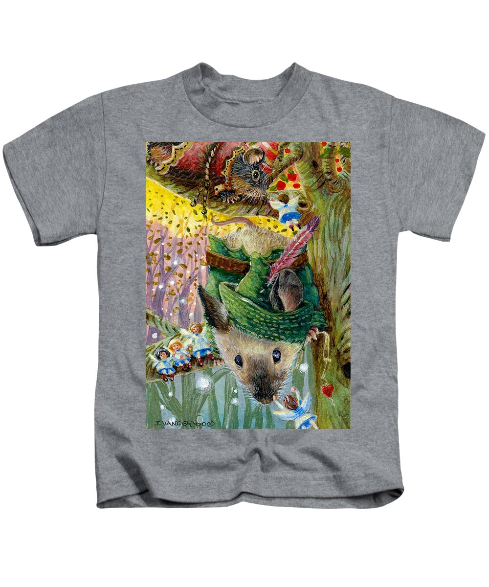 Mice Kids T-Shirt featuring the painting Robin Mouse and the Forest Fairies by Jacquelin L Westerman