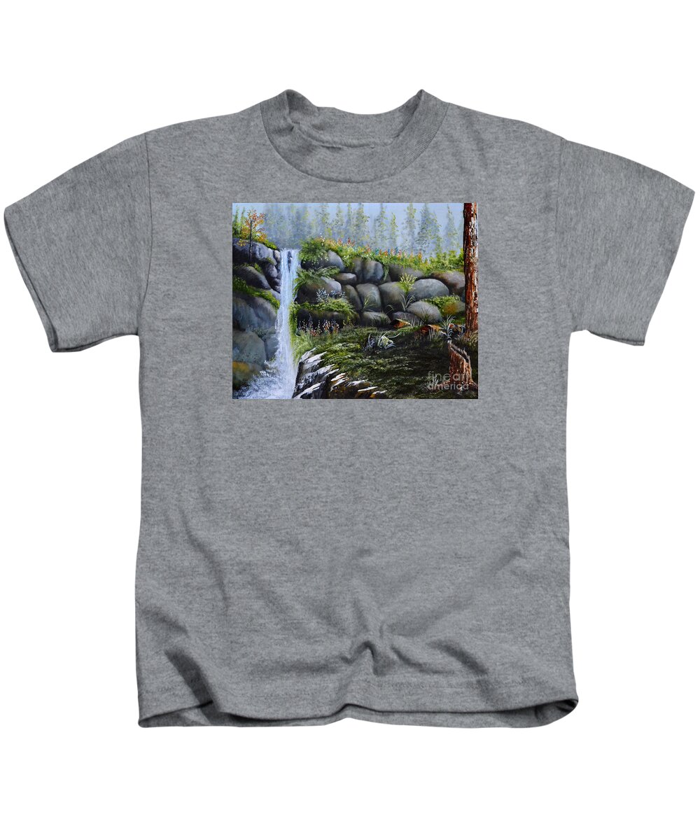 A Waterfalls In The Woods With Large Boulders Kids T-Shirt featuring the painting Rocky Falls by Martin Schmidt