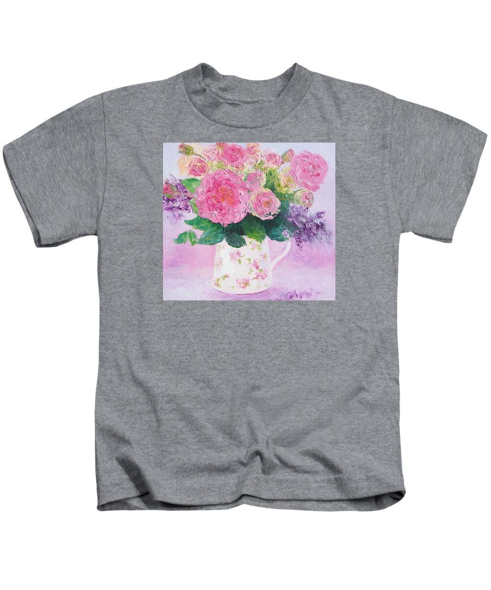Roses Kids T-Shirt featuring the painting Roses in a pink floral jug by Jan Matson