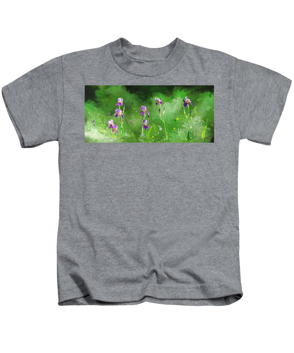 Bearded Kids T-Shirt featuring the digital art Row of irises by Debra Baldwin