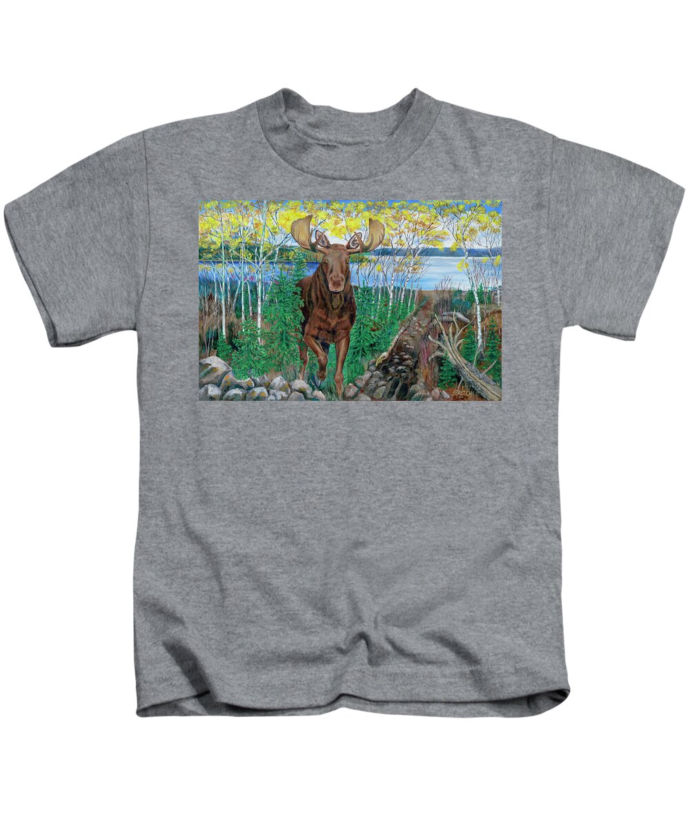 Bull Moose Kids T-Shirt featuring the painting RUN by Joe Baltich