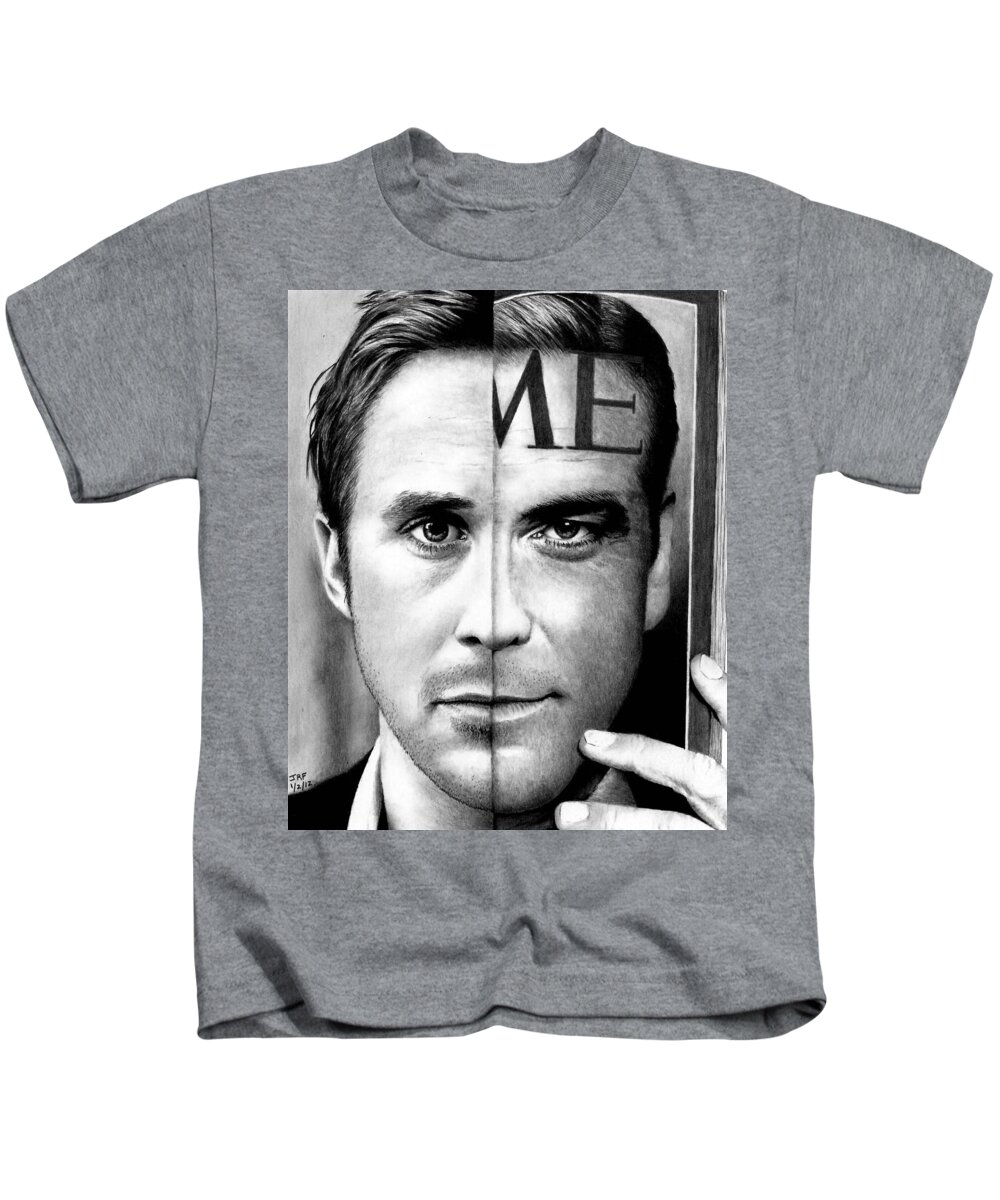Ryan Gosling Kids T-Shirt featuring the drawing Ryan Gosling and George Clooney by Rick Fortson