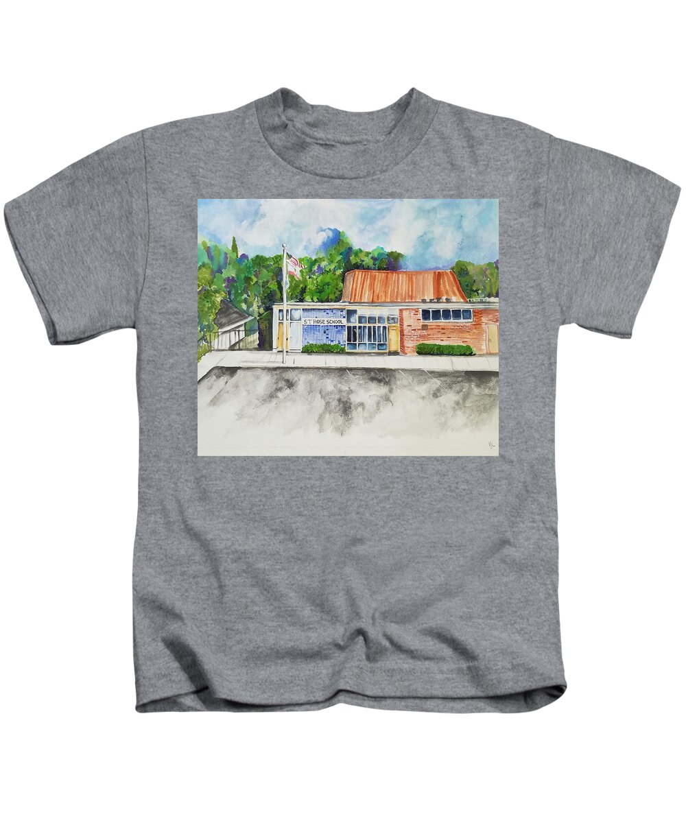 Saint Rose Kids T-Shirt featuring the painting Saint Rose Catholic School by Kathy Laughlin