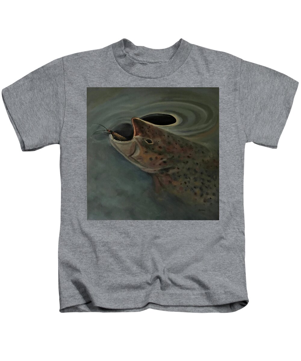 Fishing Kids T-Shirt featuring the painting Salmon Flies are Back by Les Herman