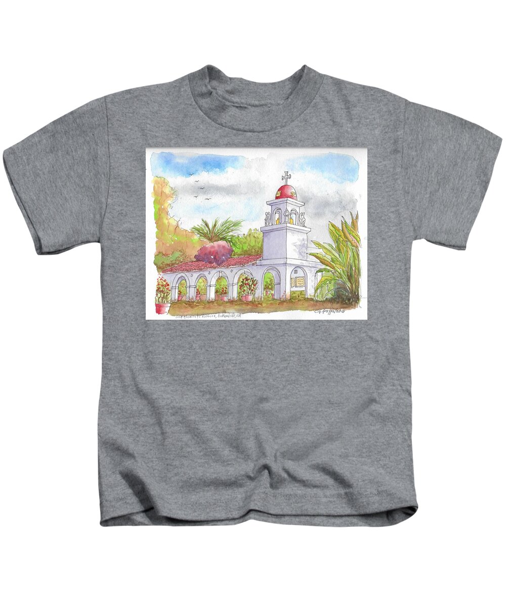Churchs Kids T-Shirt featuring the painting San Clemente Mission Parish, Bakersfield, California by Carlos G Groppa