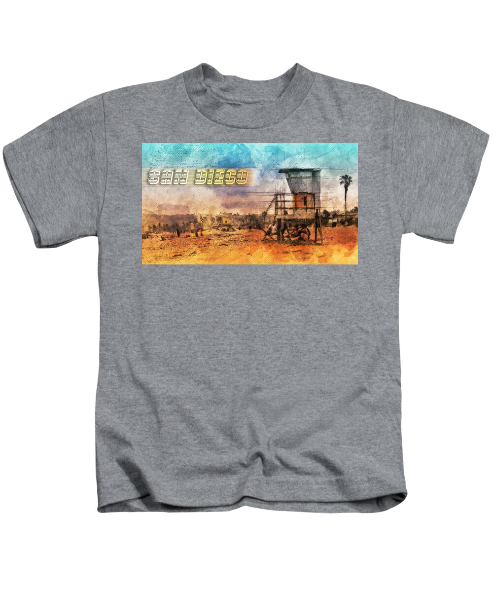 San Diego Kids T-Shirt featuring the mixed media San Diego Lifeguard Tower by Bryant Coffey