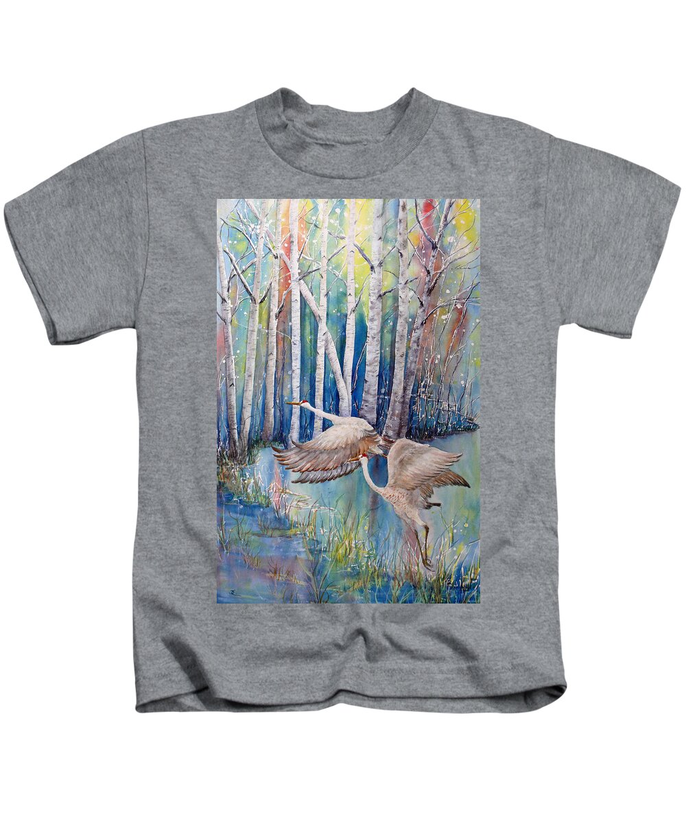 Sandhill Crane Kids T-Shirt featuring the painting Sandhill Flight by Dee Carpenter