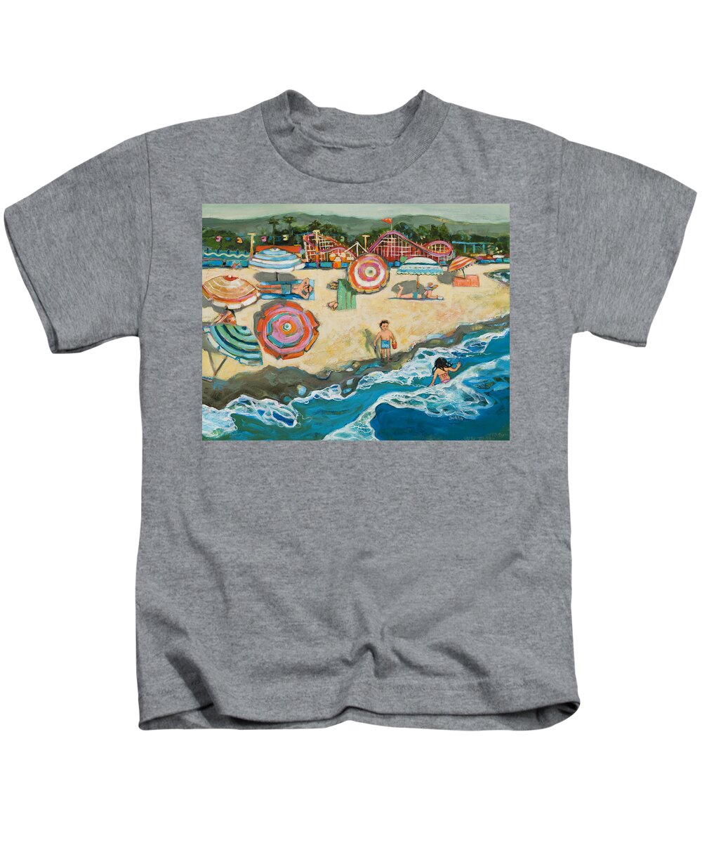 Beach Kids T-Shirt featuring the painting Santa Cruz Beach Boardwalk by Jen Norton