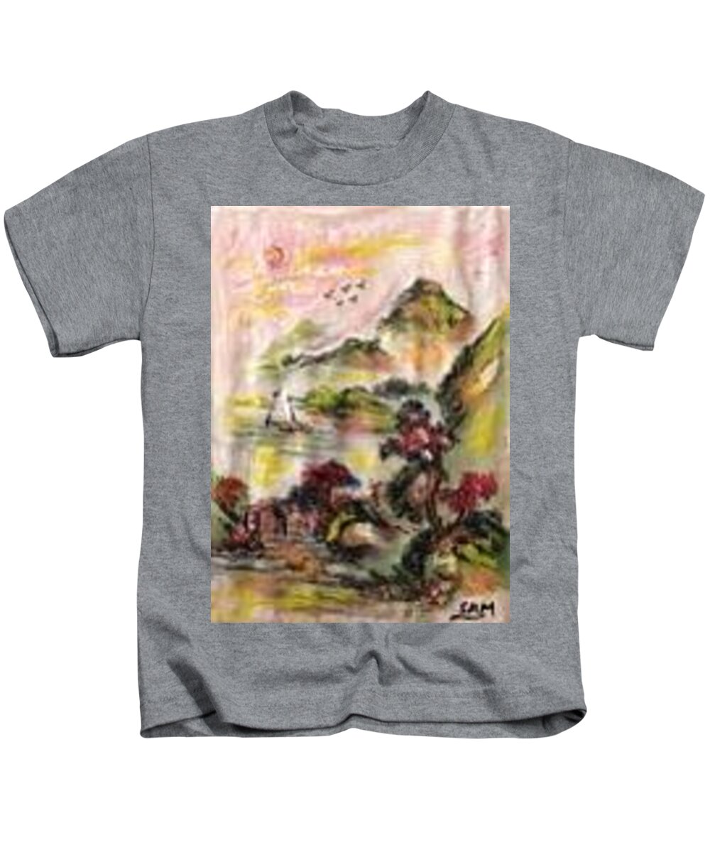 Seascape Kids T-Shirt featuring the painting Seascape with trees in background by Sam Shaker