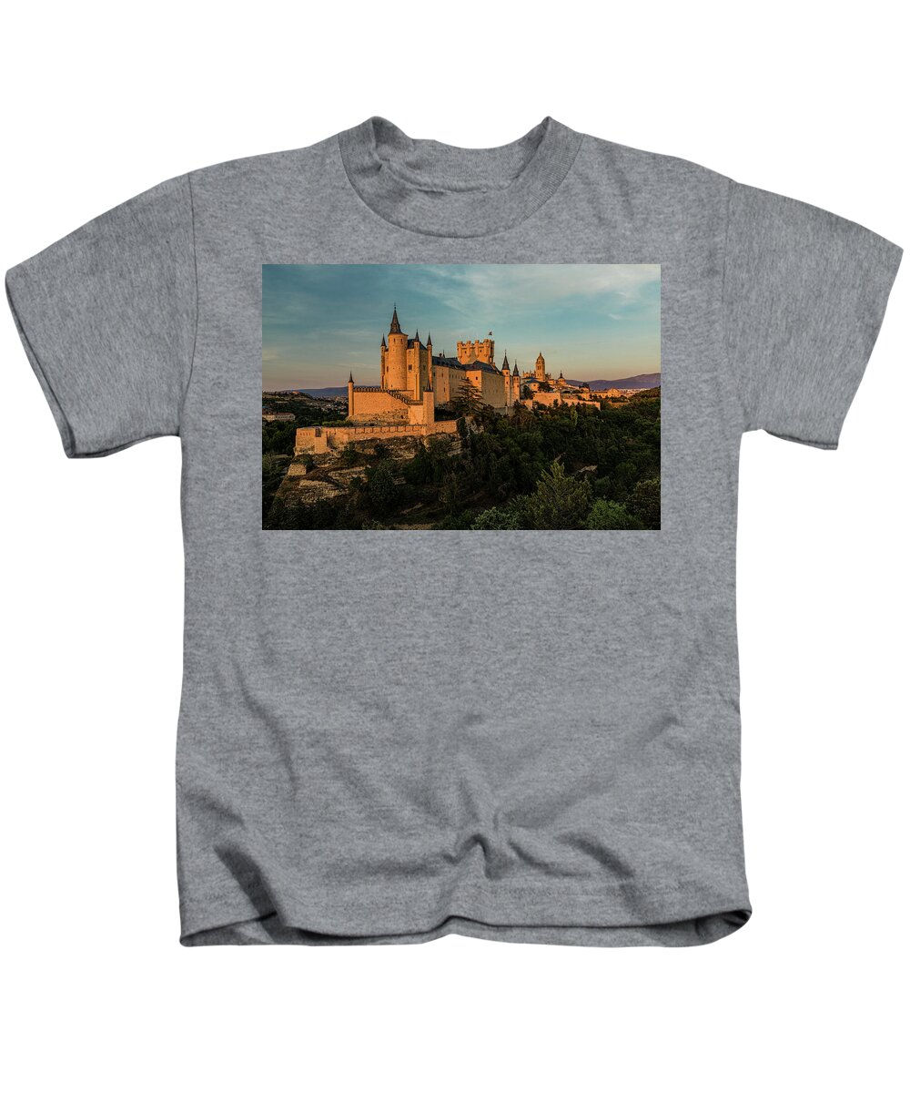 Golden Hour Kids T-Shirt featuring the photograph Segovia Alcazar and Cathedral Golden Hour by Josh Bryant