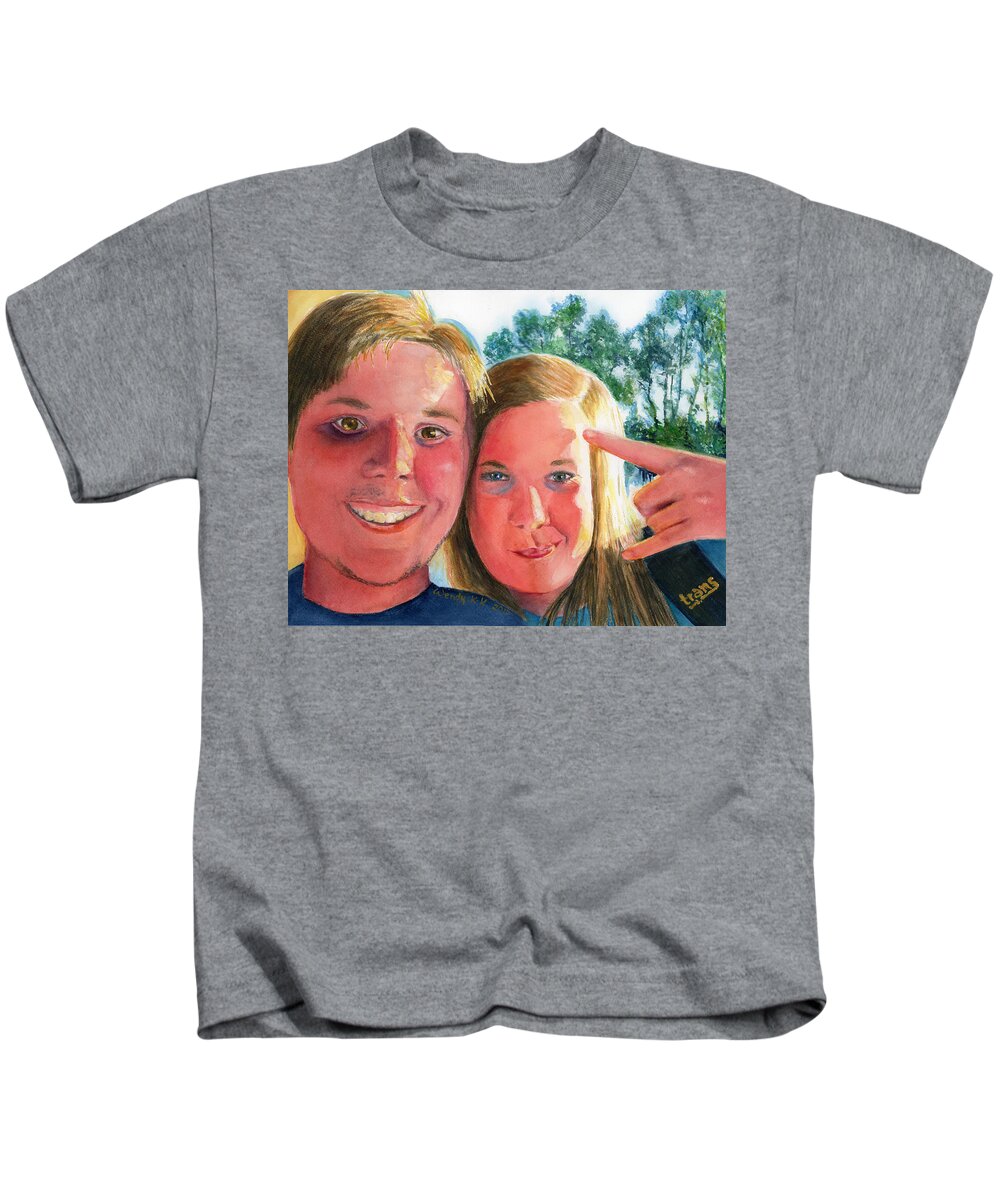 Portrait Kids T-Shirt featuring the painting Selfie 2 - Erick and Sam by Wendy Keeney-Kennicutt