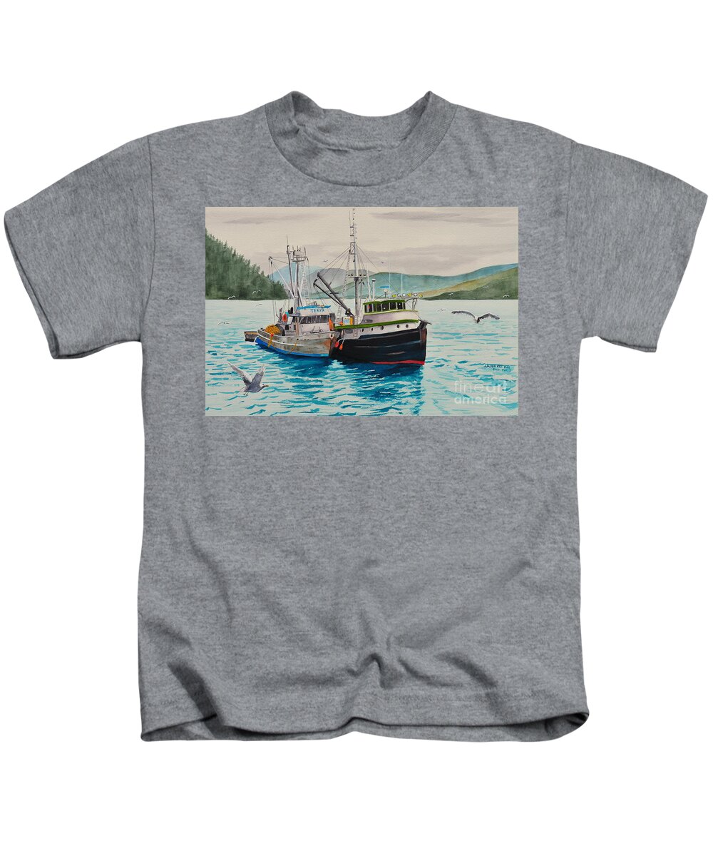 Fish Kids T-Shirt featuring the painting Selling Fish to Peter Pan by John W Walker