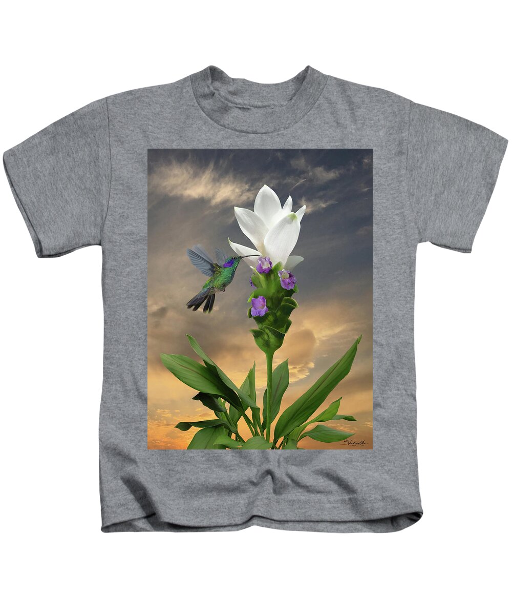 Flower Kids T-Shirt featuring the digital art Siam Sparkling Curcuma and Hummingbird by M Spadecaller