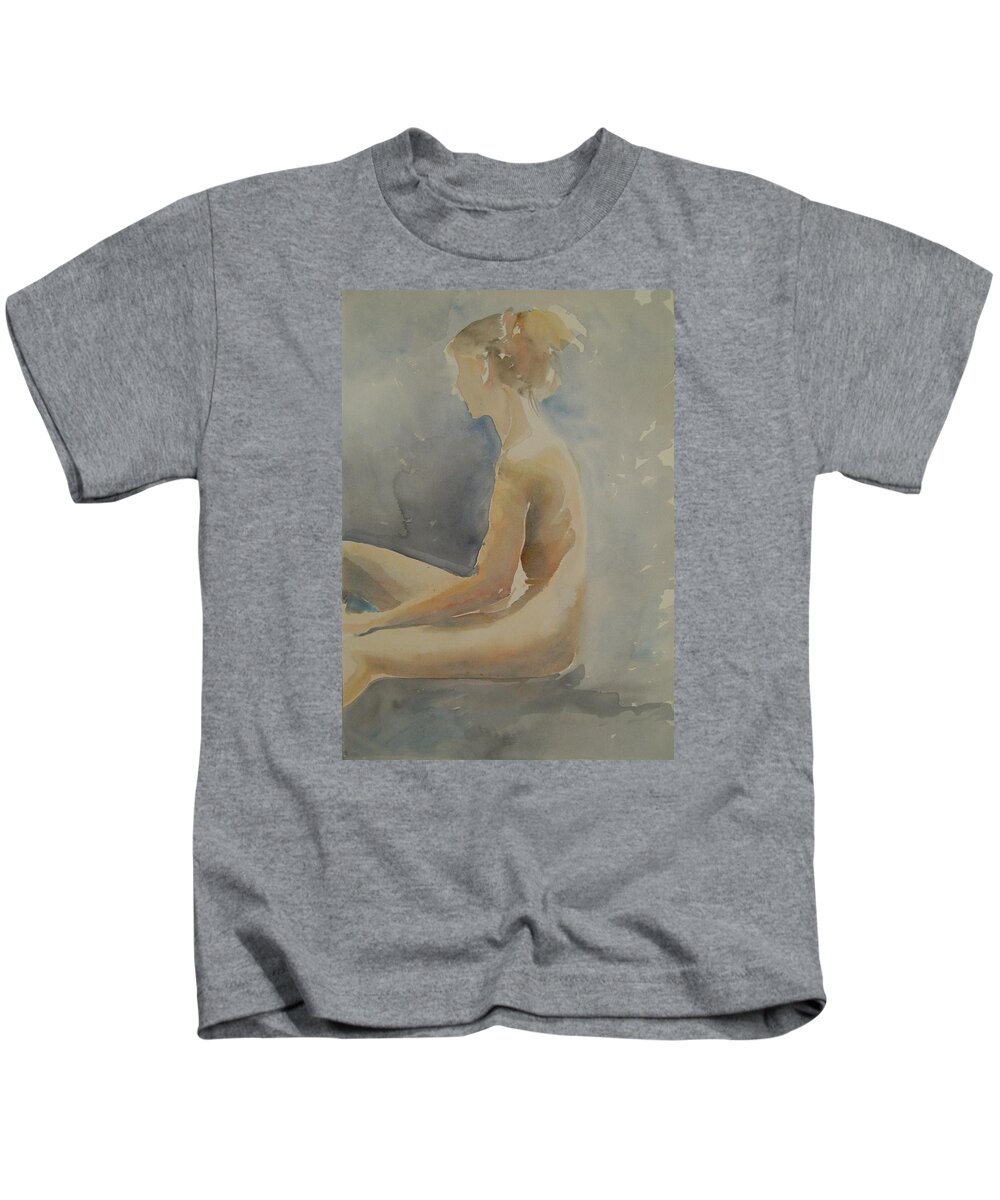 Aquarell Kids T-Shirt featuring the painting Sitting in air of sun by Marica Ohlsson