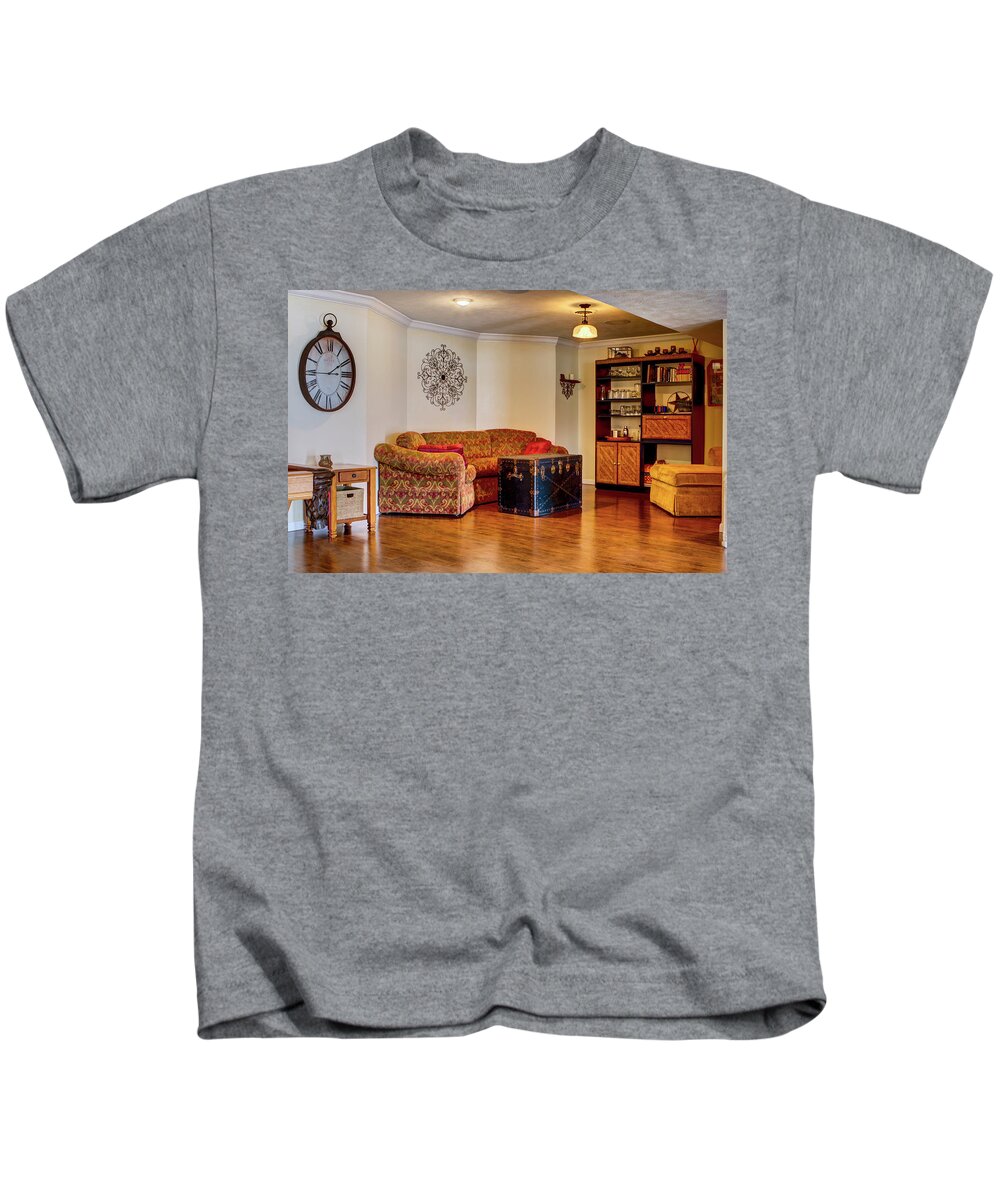 Sitting Room Kids T-Shirt featuring the photograph Sitting room in finished basement by Jeff Kurtz