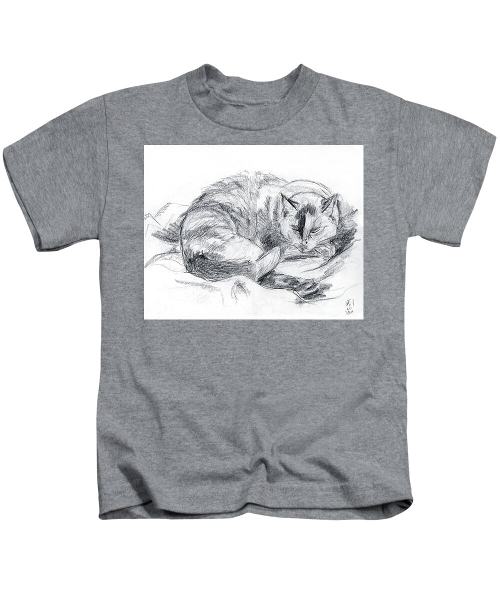 Cat Kids T-Shirt featuring the drawing Sleeping Jago by Brandy Woods