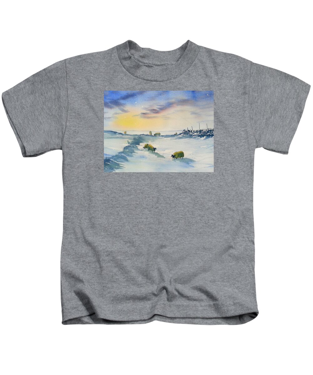 Glenn Marshall Yorkshire Artist Kids T-Shirt featuring the painting Snow and Sheep on the Moors by Glenn Marshall