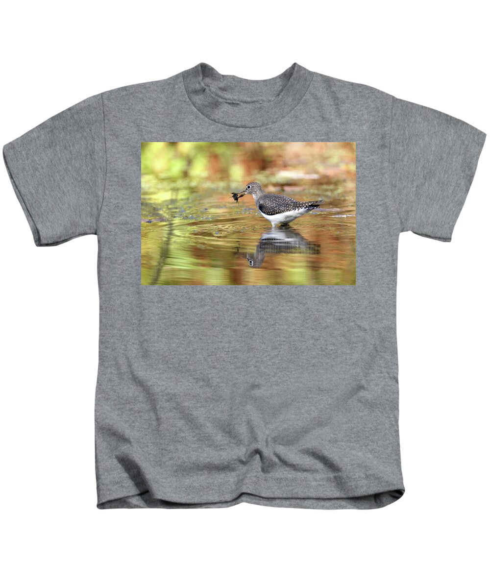 Solitary Sandpiper Kids T-Shirt featuring the photograph Solitary Sandpiper with Belostomatide by Brook Burling